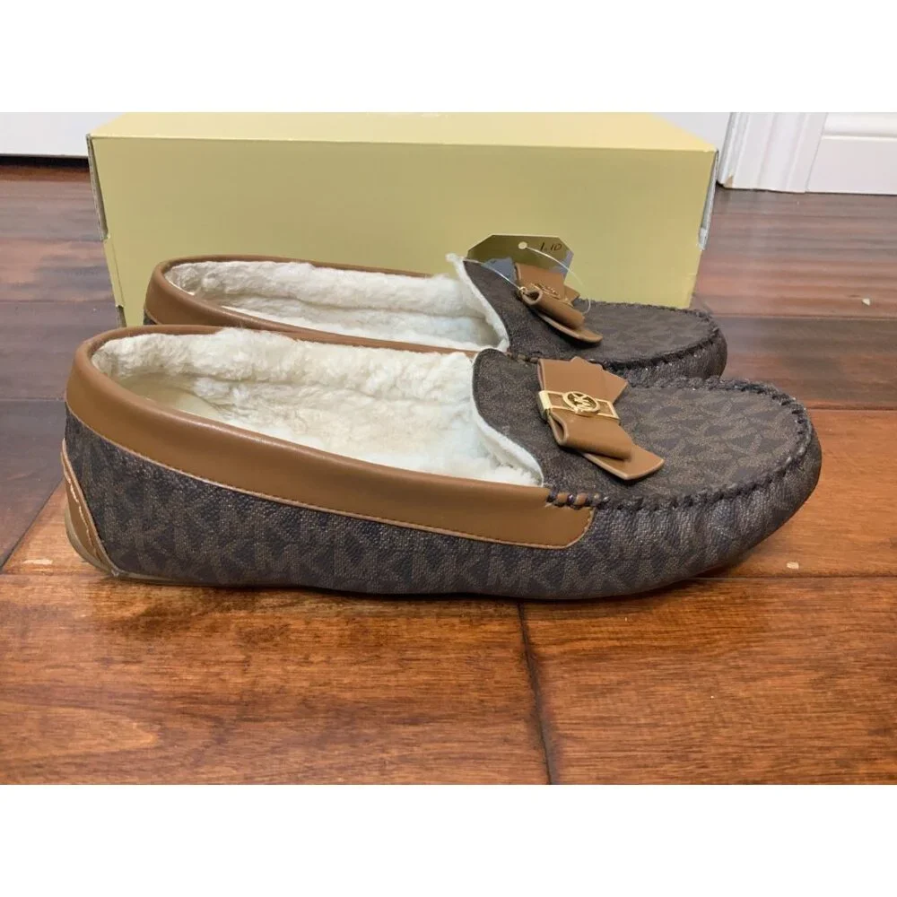 Michael Kors Erica Brown Leather Shearling Lined Logo Flats Slippers, Size 8